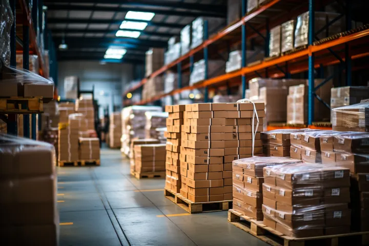 Shelves and stored goods inside a logistics warehouse